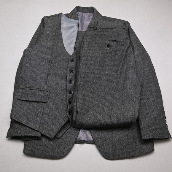 Bespoke 38R 34x32 Gray Herringbone Tweed 3 Piece Mens Jacket Pants Suit